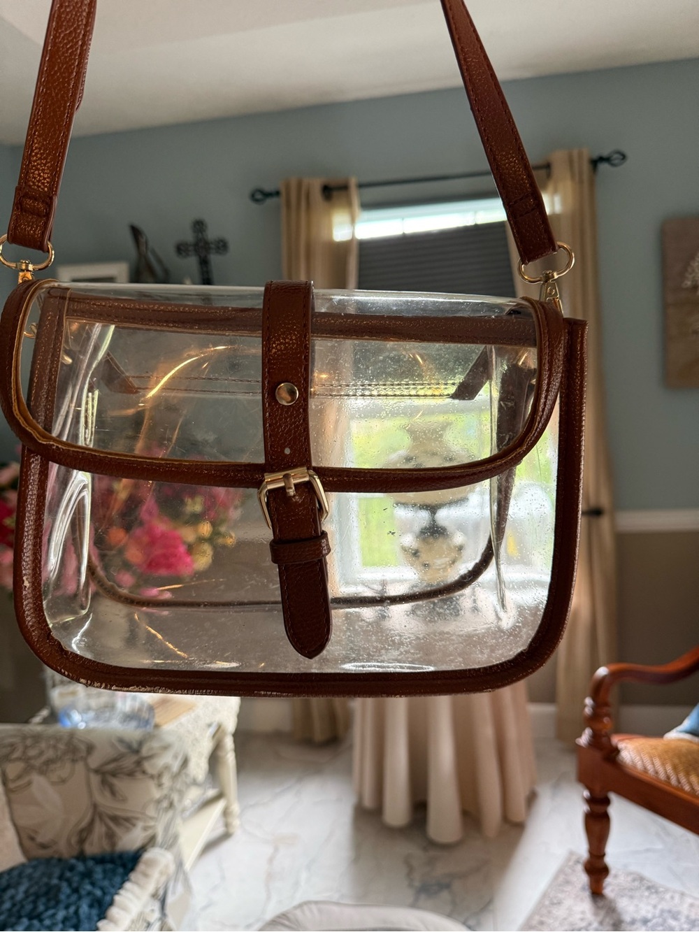 Clear Crossbody Bag with Brown Trim – Women's Transparent Shoulder Purse